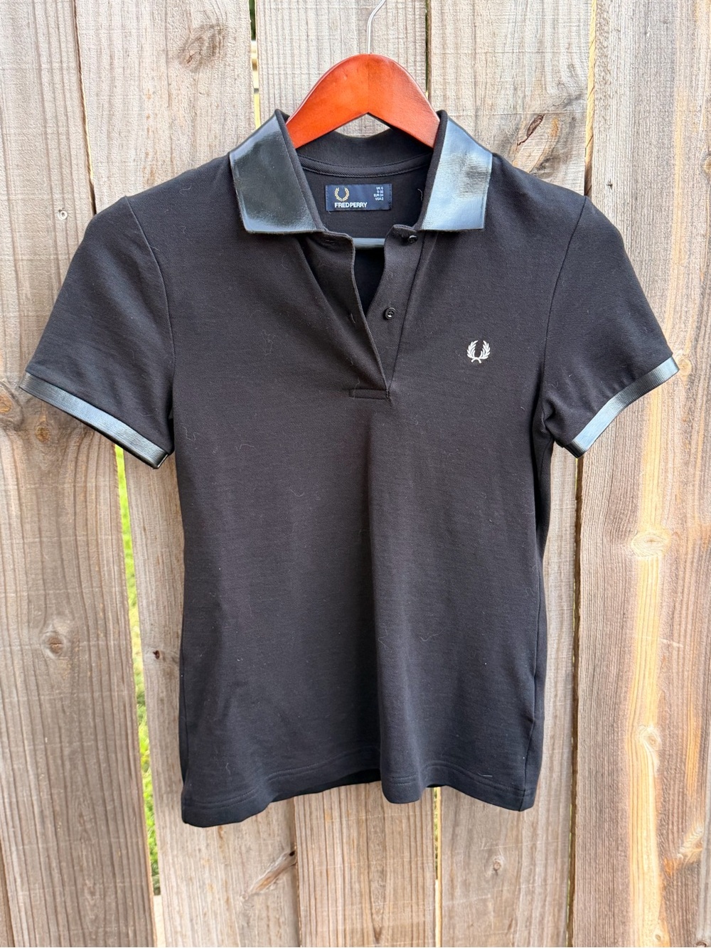 Fred Perry Black Polo with Leather-Trim Collar and Cuffs Size 2